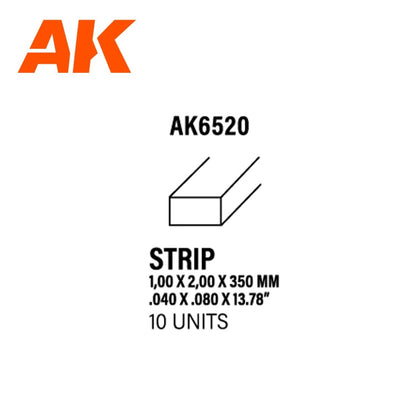 AK Interactive - Strips 1.00 X 2.00 X 350mm - Styrene Strip (AK6520)