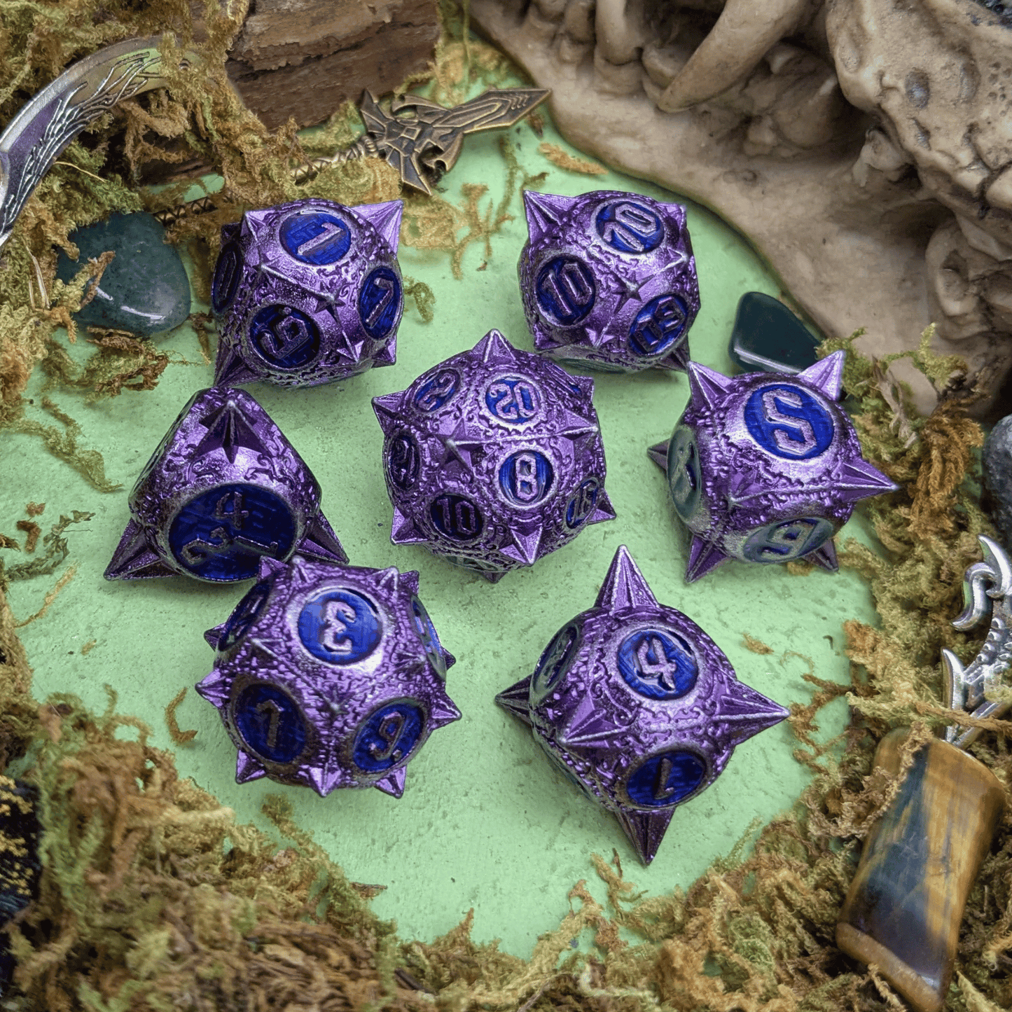 Caltrops Purple and Blue Metal Core Dice Set