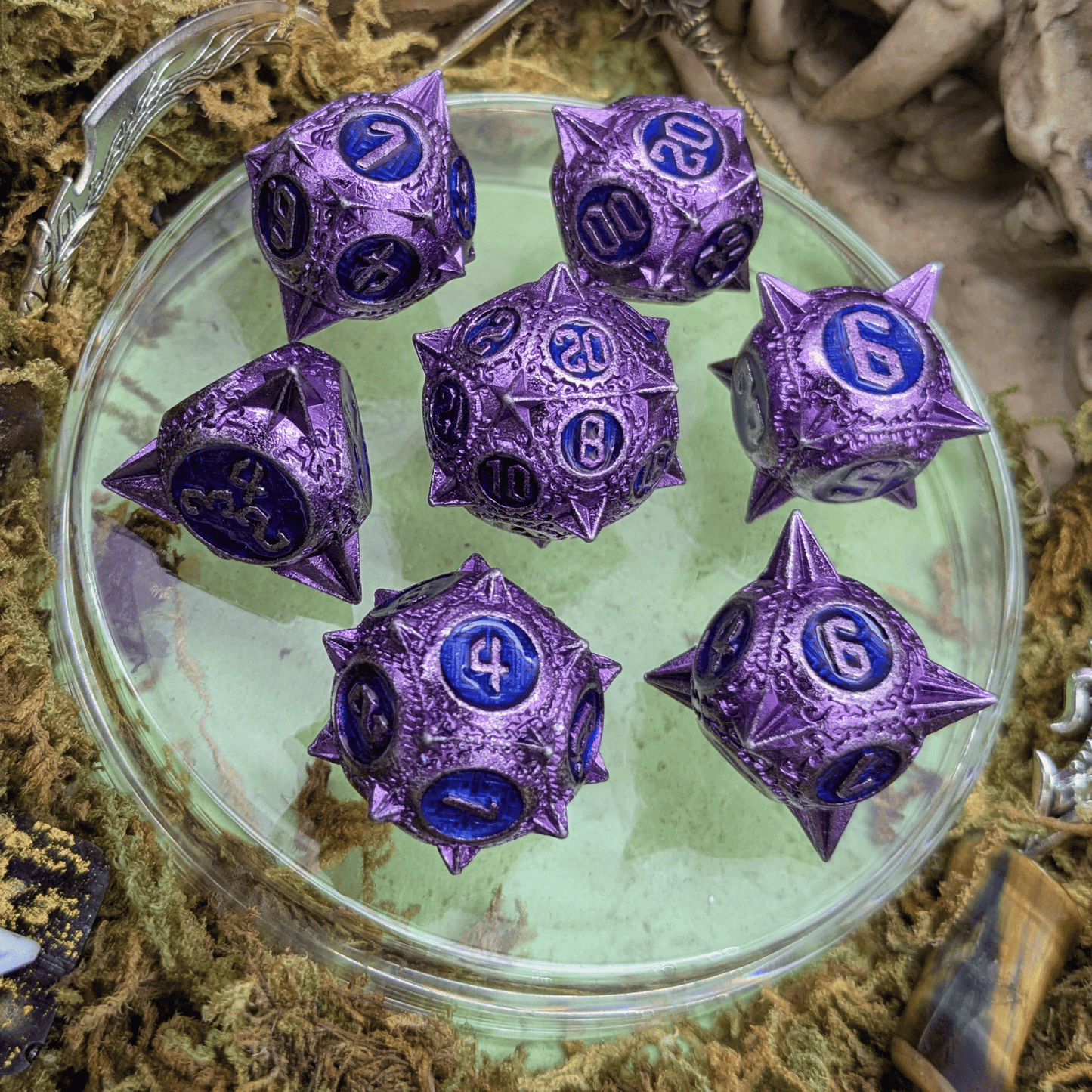Caltrops Purple and Blue Metal Core Dice Set