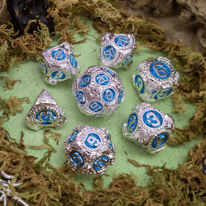 Gears Silver and Blue Metal Core Dice Set