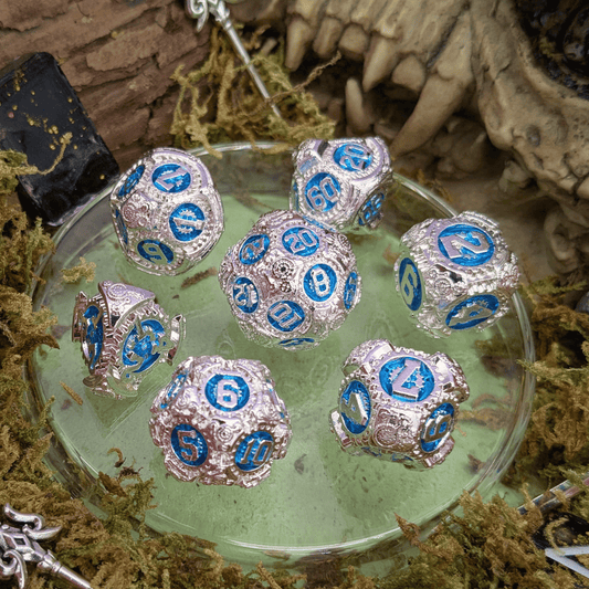 Gears Silver and Blue Metal Core Dice Set