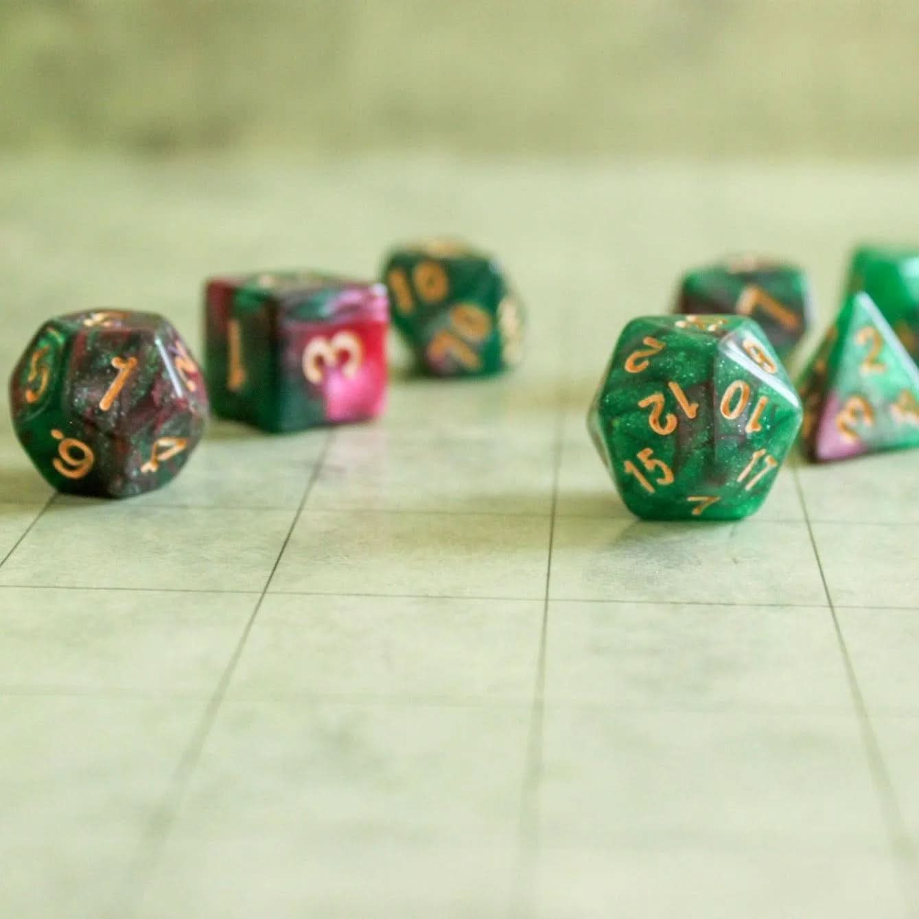 Green and Red Galaxy Dice Set