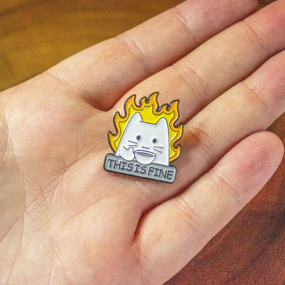 This Is Fine White Cat Pin