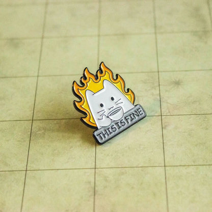 This Is Fine White Cat Pin