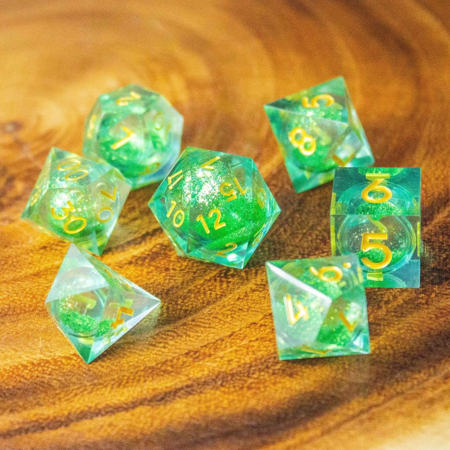 Green and Gold Shimmer Liquid Core Dice Set