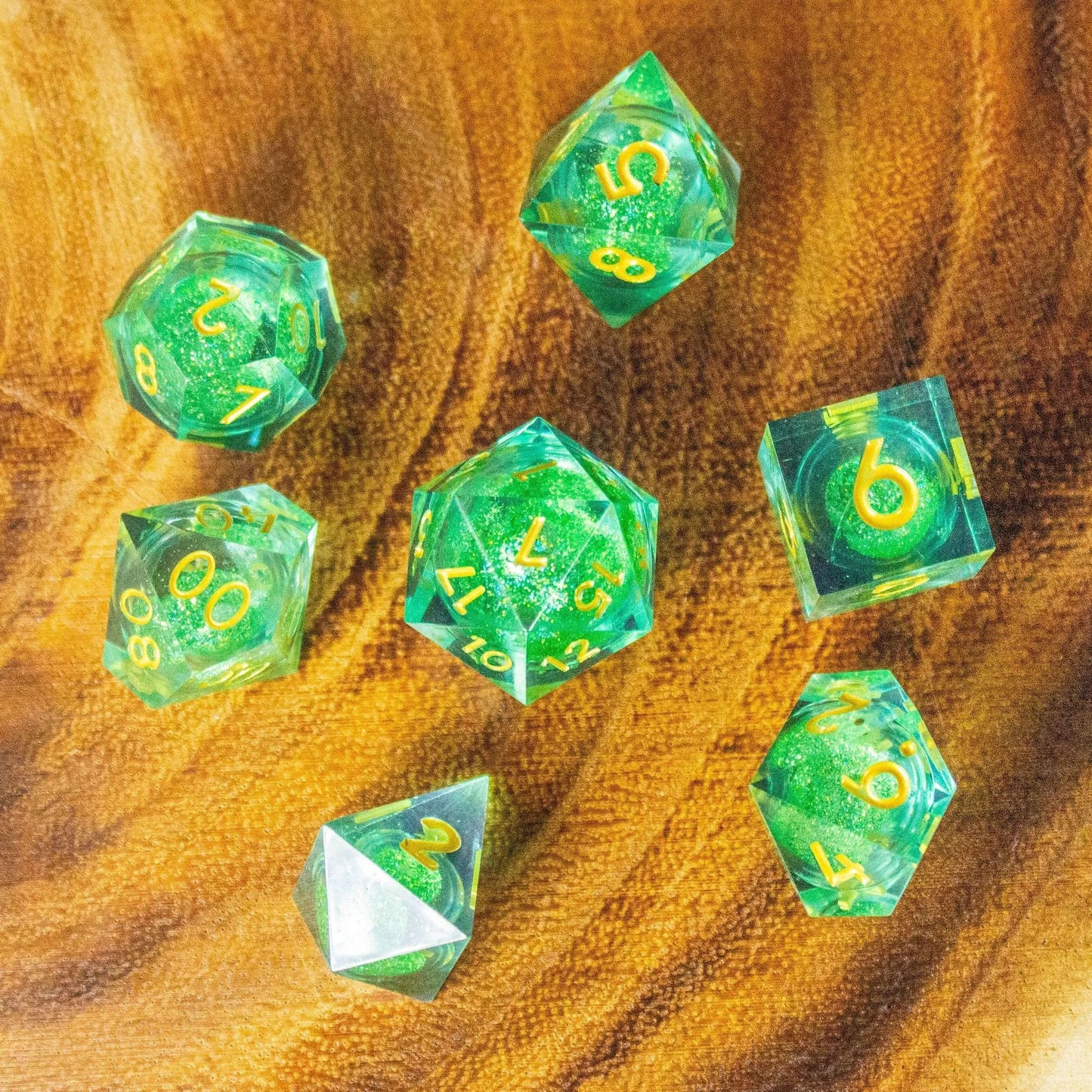 Green and Gold Shimmer Liquid Core Dice Set