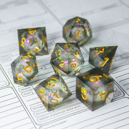 Black Liquid Core Shimmer Dice with Gold Numbering