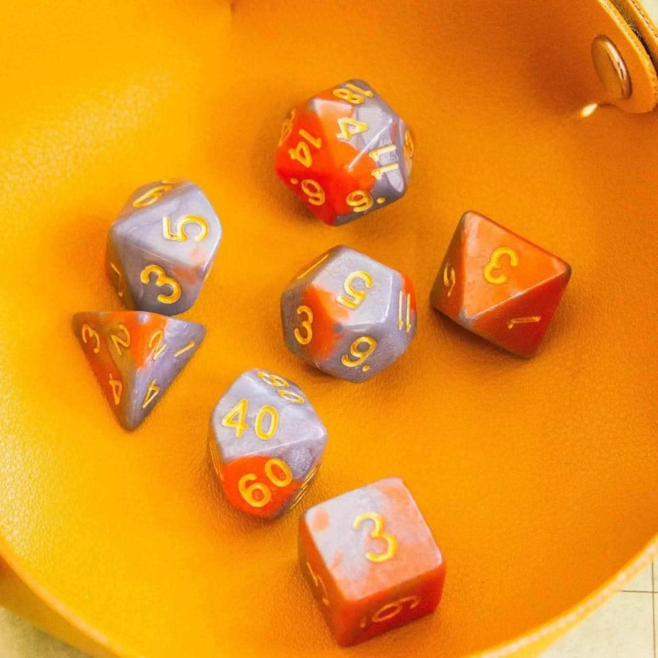 Tie-Dye Orange and Grey Dice Set