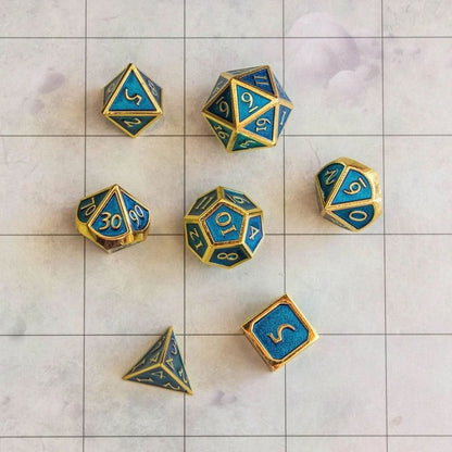 Blue and Gold Metal Dice Set