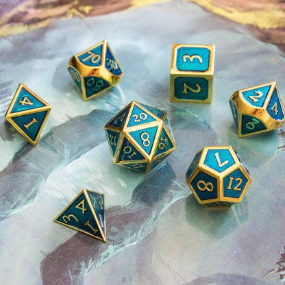 Blue and Gold Metal Dice Set