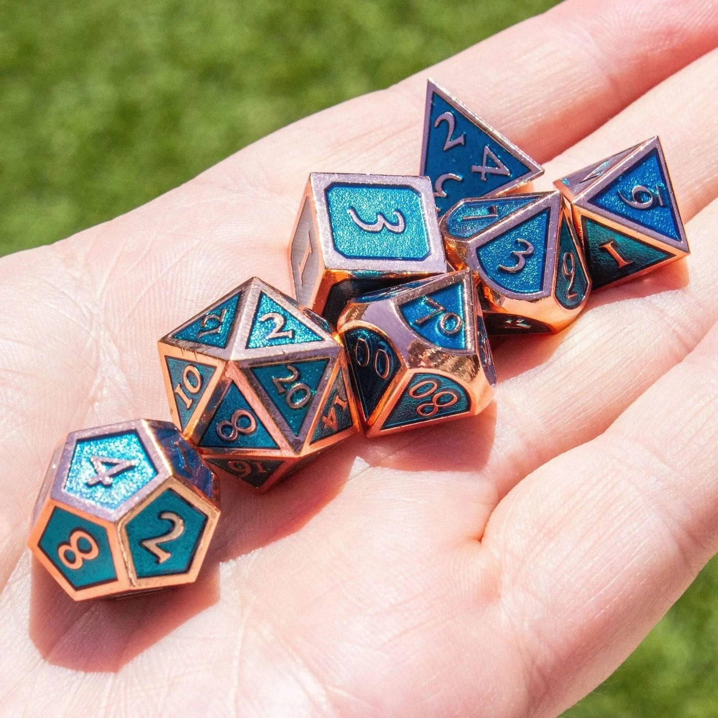 Blue and Rose Gold Metal Dice Set