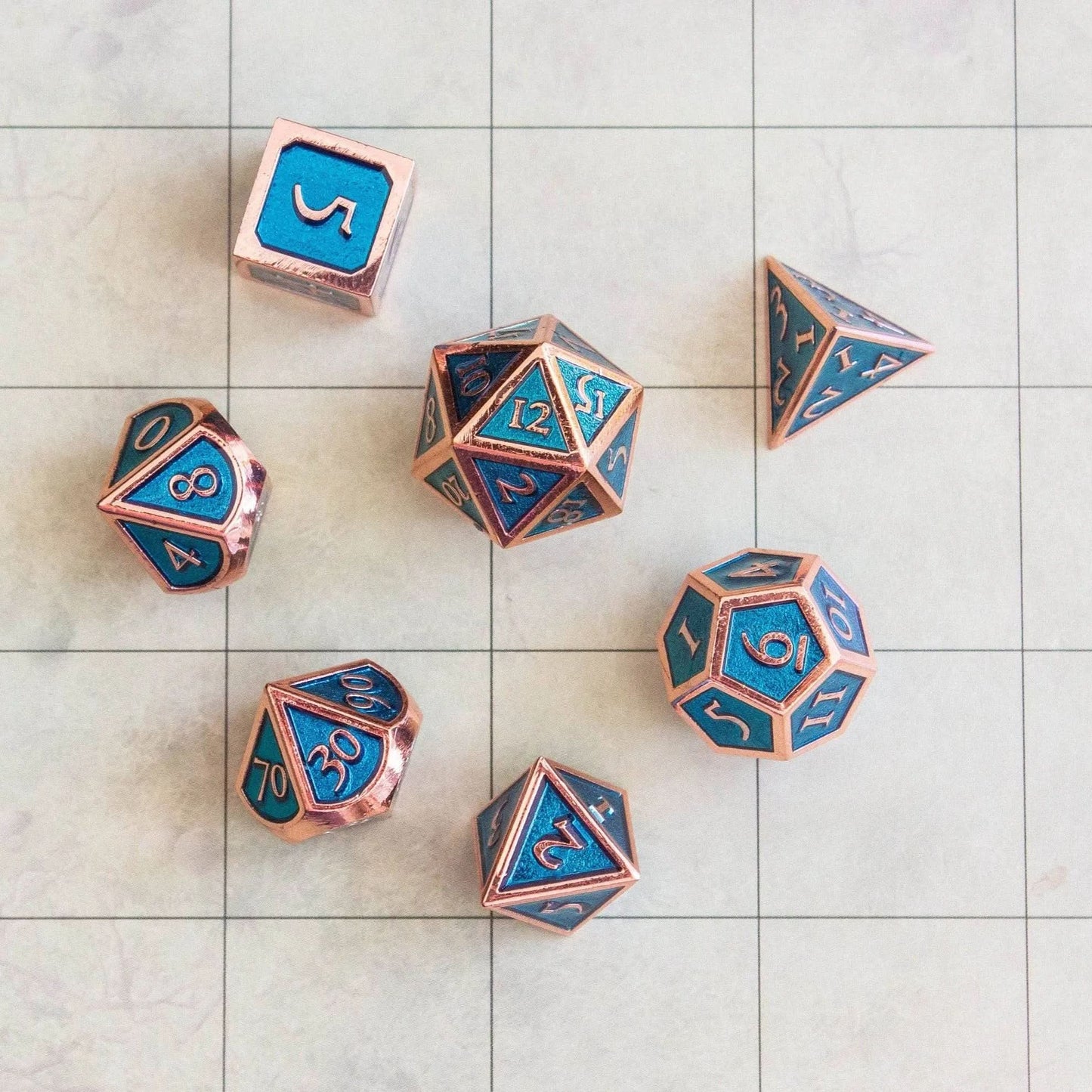 Blue and Rose Gold Metal Dice Set