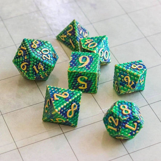 Green Blue Dragon Scale Metal Dice Set