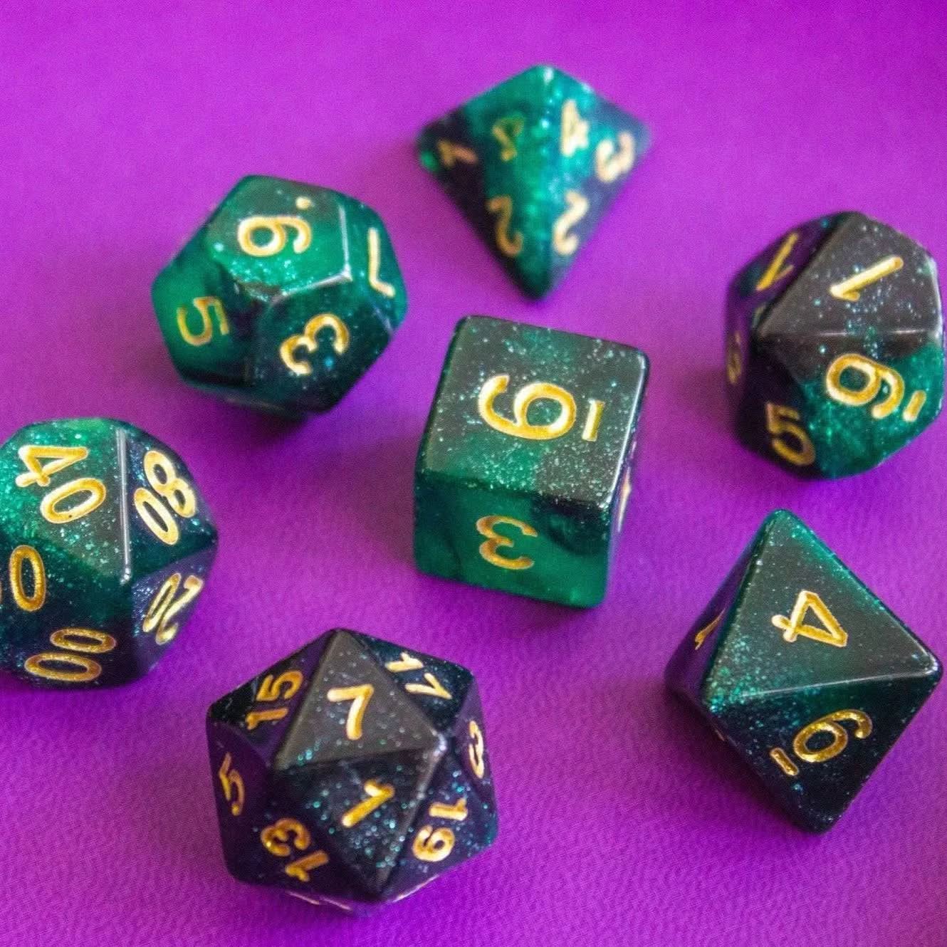 Green and Black Galaxy Dice Set