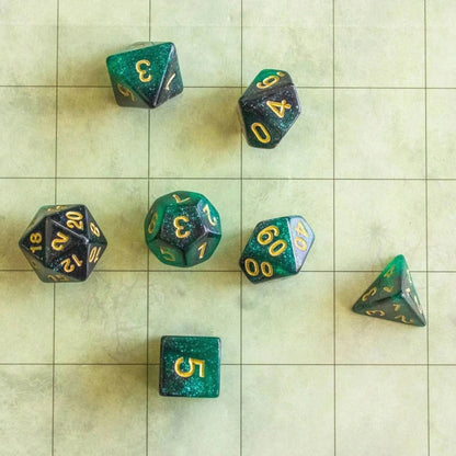 Green and Black Galaxy Dice Set