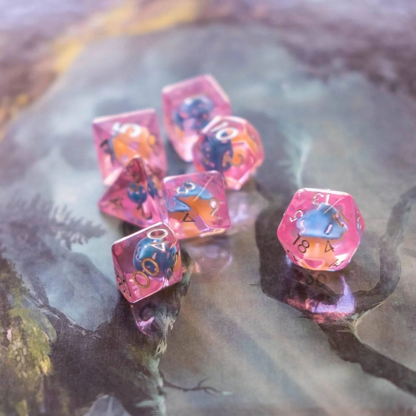 Pink with Blue Mushroom Dice Set