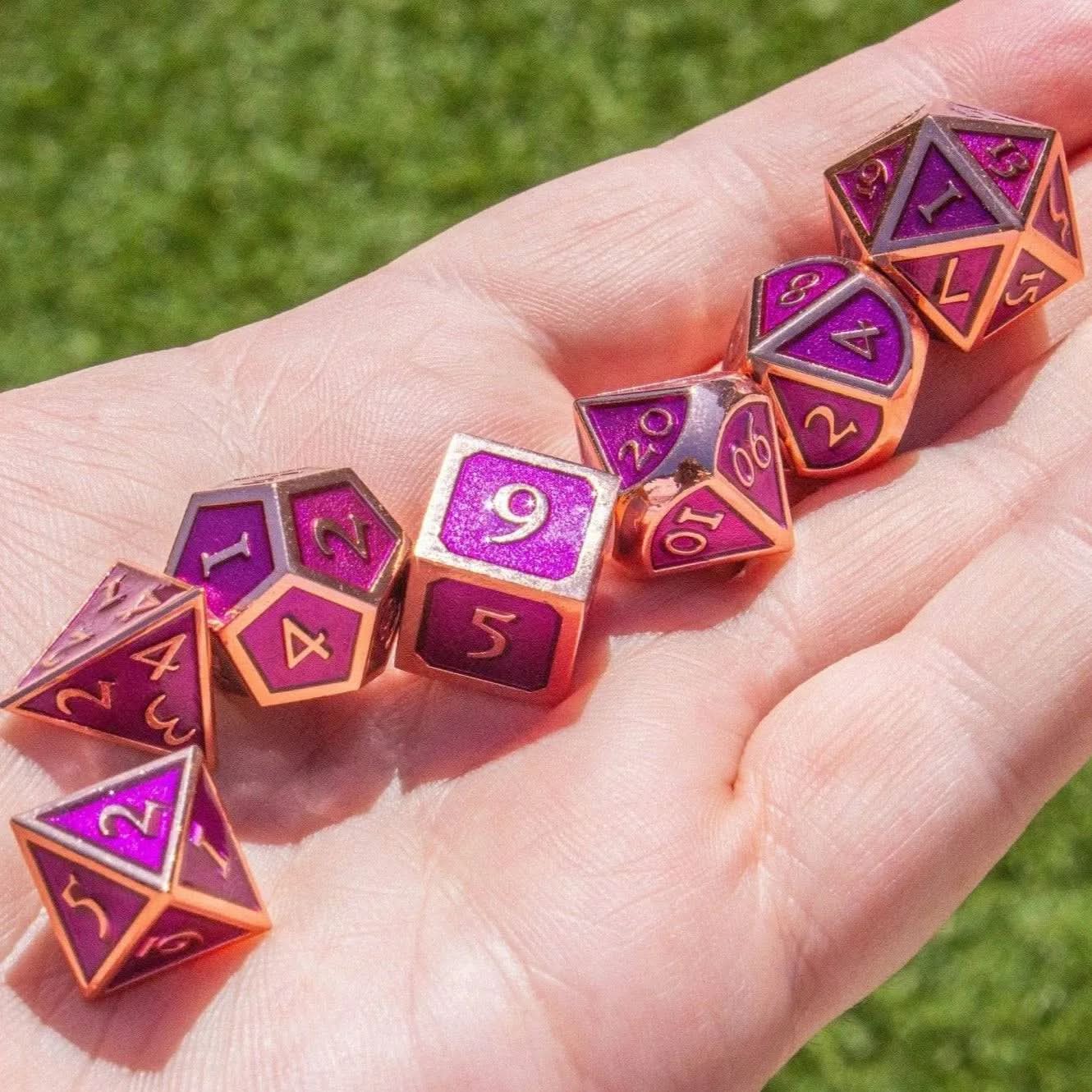Purple and Rose Gold Metal Dice Set