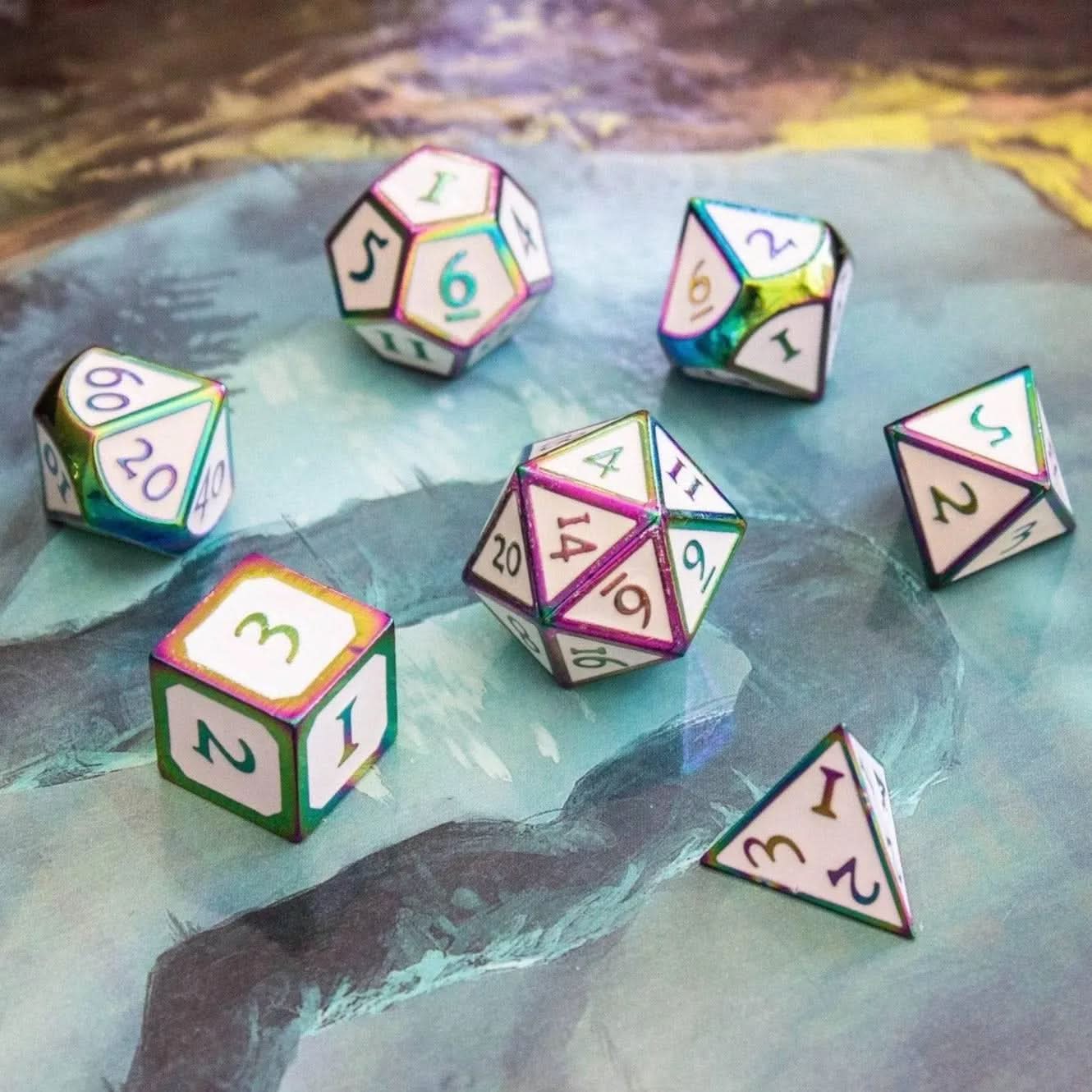 White and Rainbow Metal Dice Set