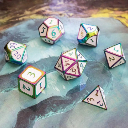 White and Rainbow Metal Dice Set