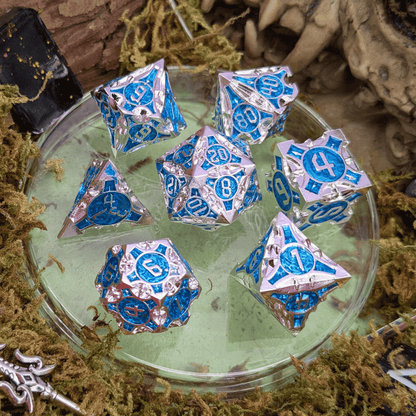 Point Silver and Blue Metal Core Dice Set