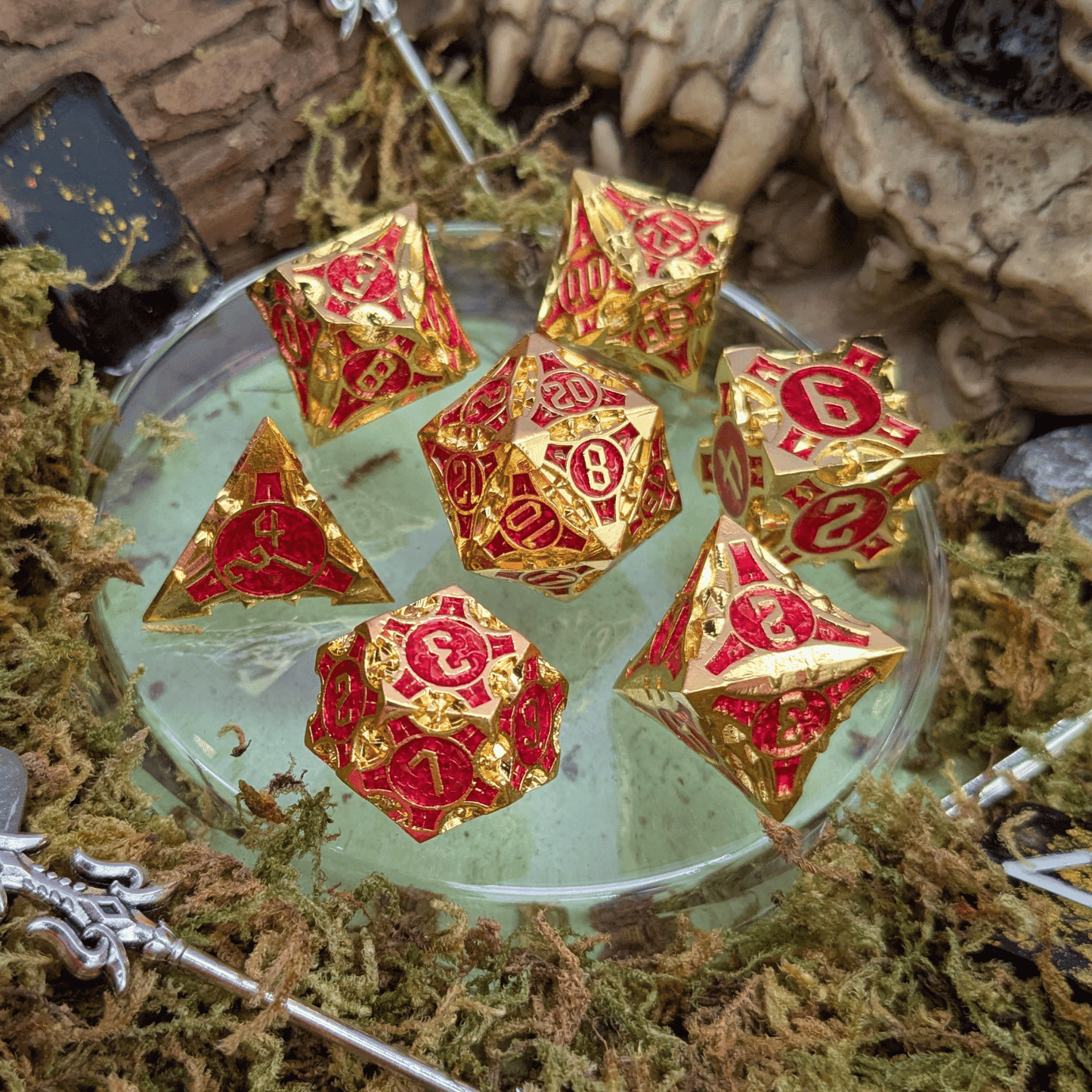 Point Gold and Red Metal Core Dice Set