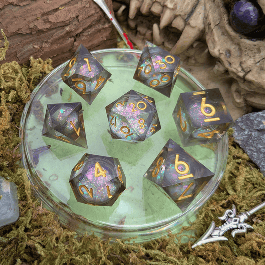 Black Liquid Core Shimmer Dice with Gold Numbering