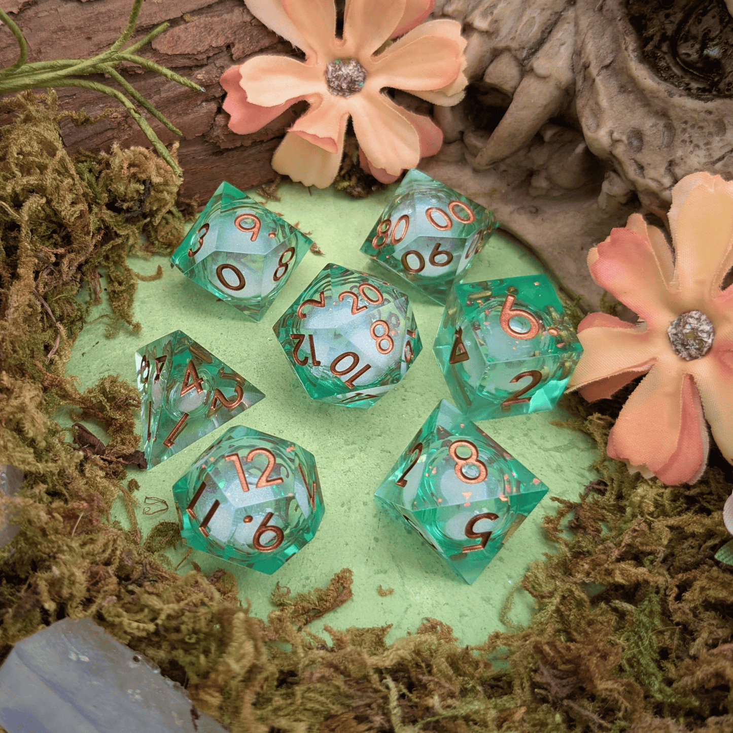 Green and Gold Shimmer Liquid Core Dice Set