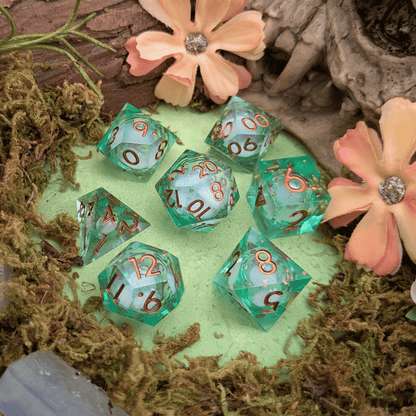 Green and Gold Shimmer Liquid Core Dice Set