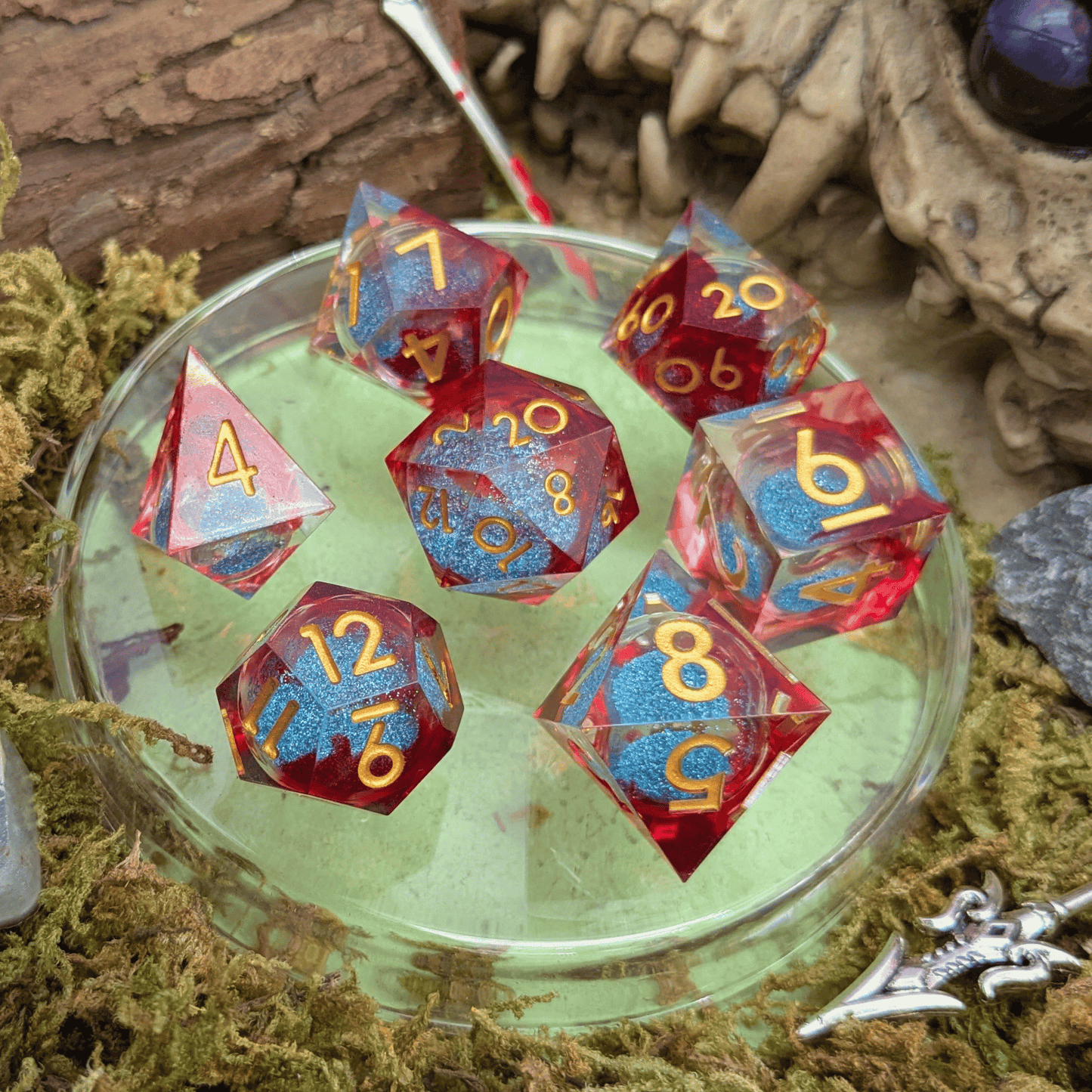 Shimmer Red and Blue Liquid Core Dice Set
