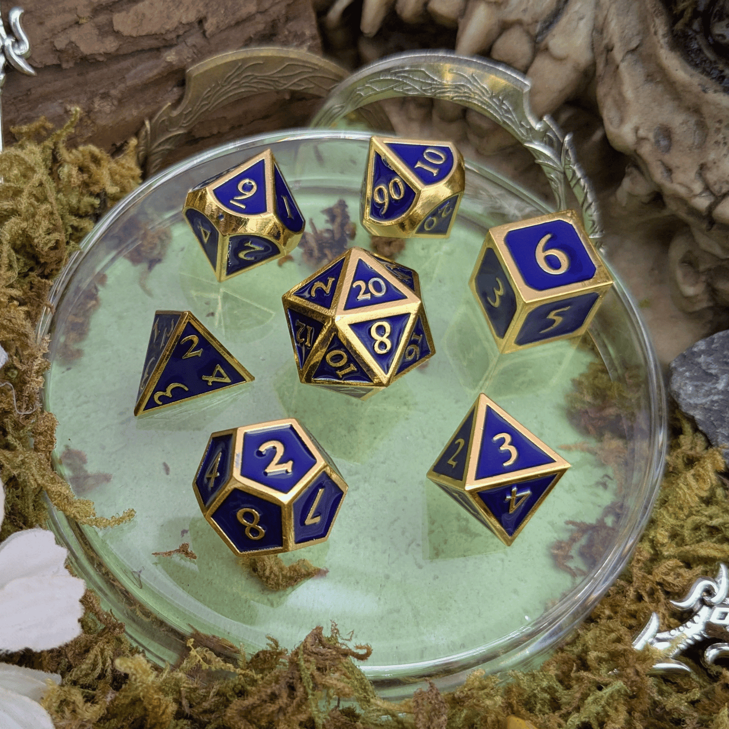 Blue and Gold Metal Dice Set