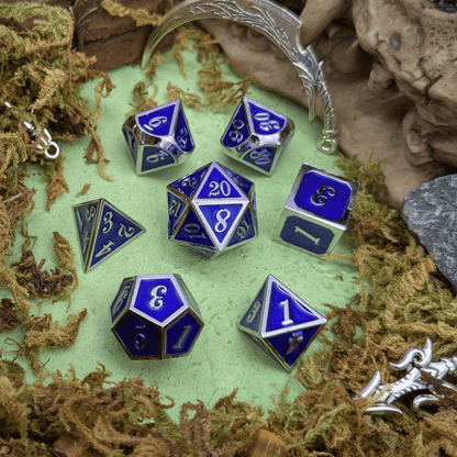 Simple Dark Blue and Silver Metal Core Dice Set