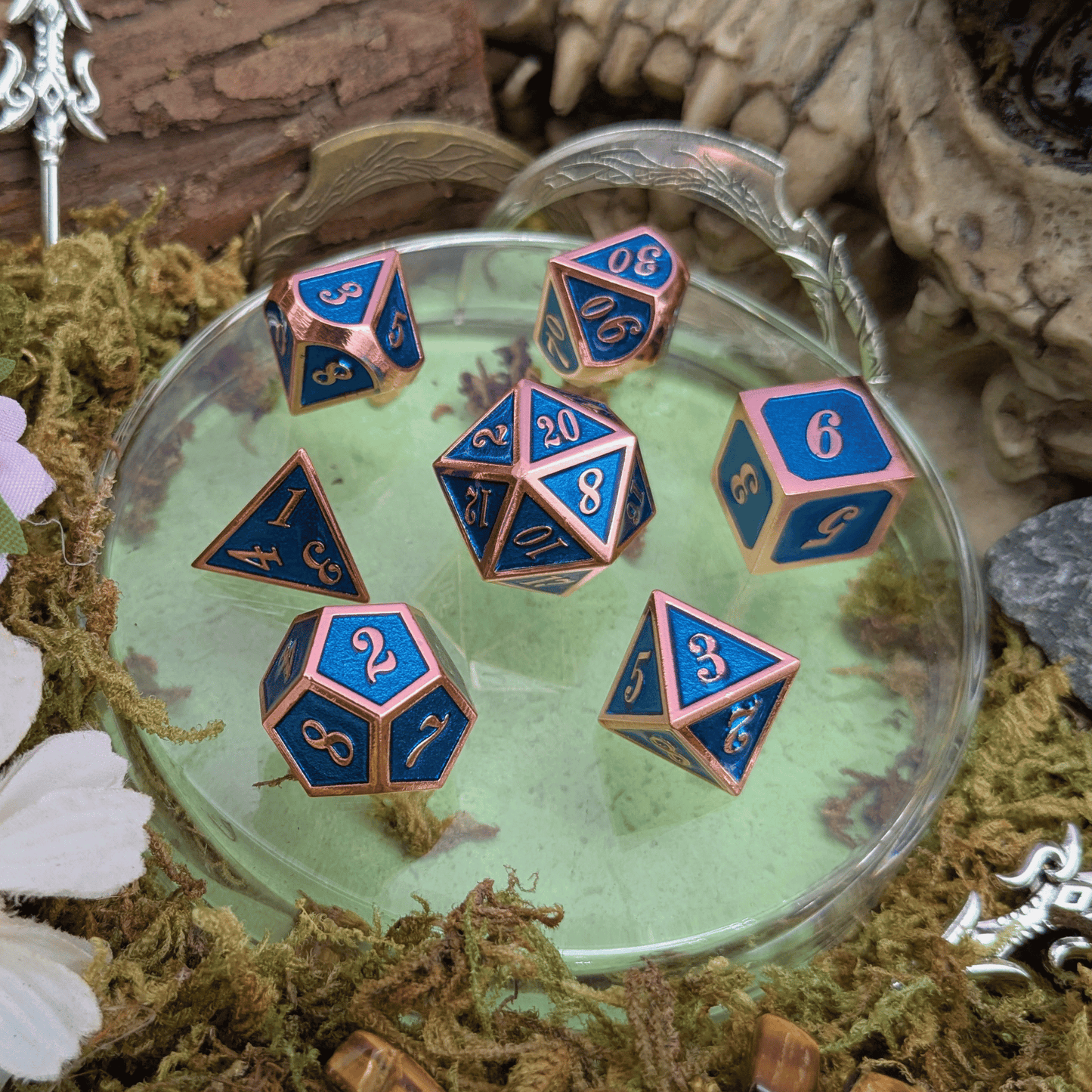 Blue and Rose Gold Metal Dice Set
