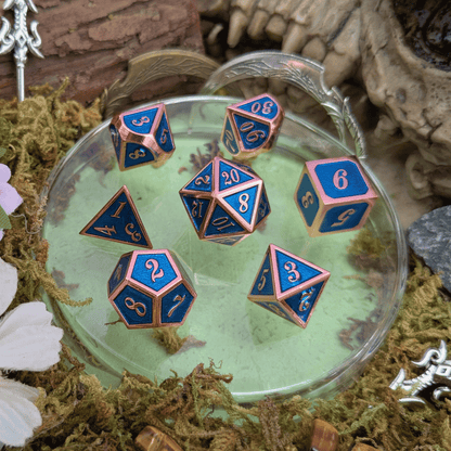 Blue and Rose Gold Metal Dice Set