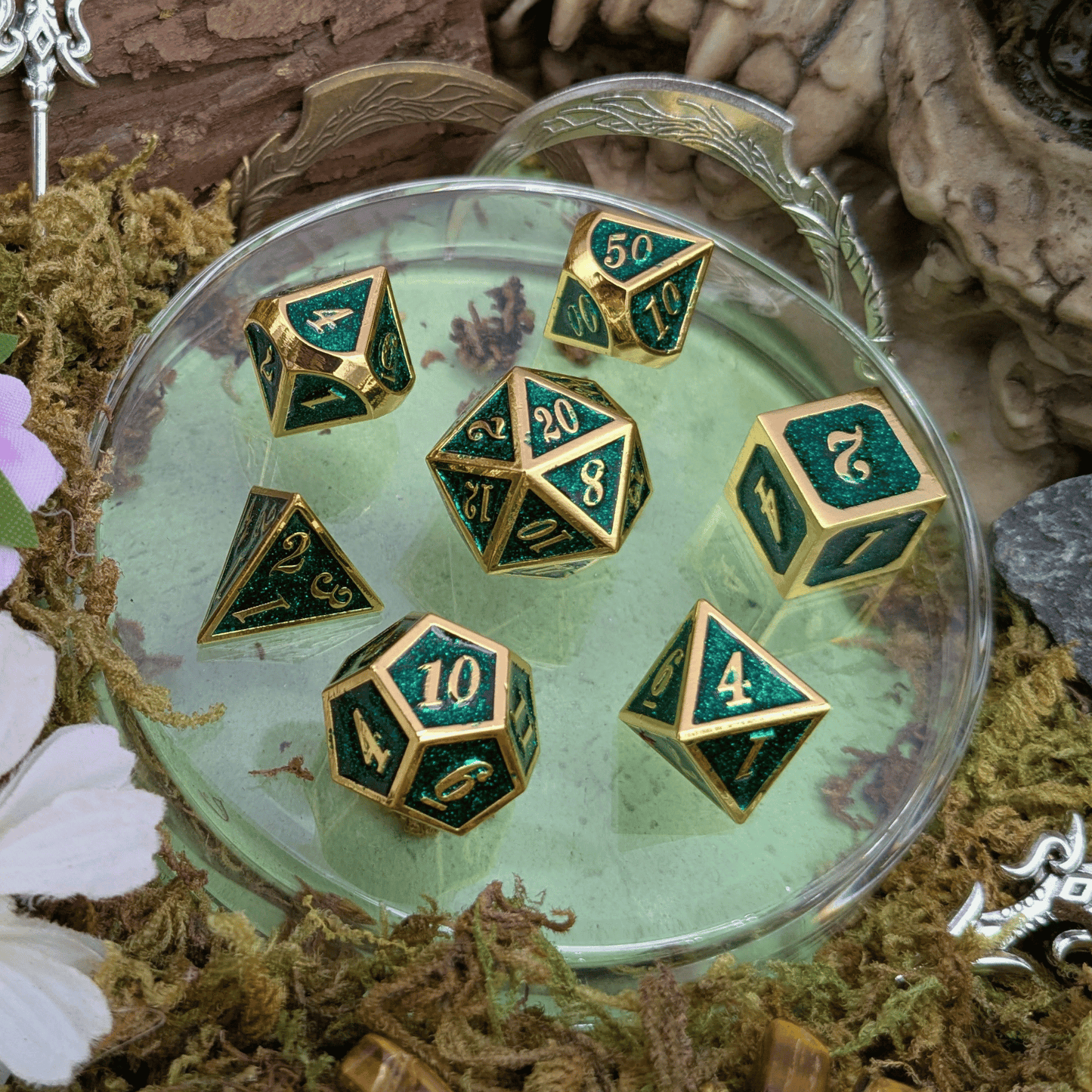 Green and Gold Metal Dice Set