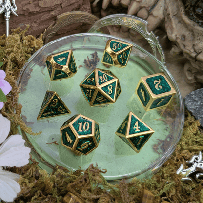 Green and Gold Metal Dice Set