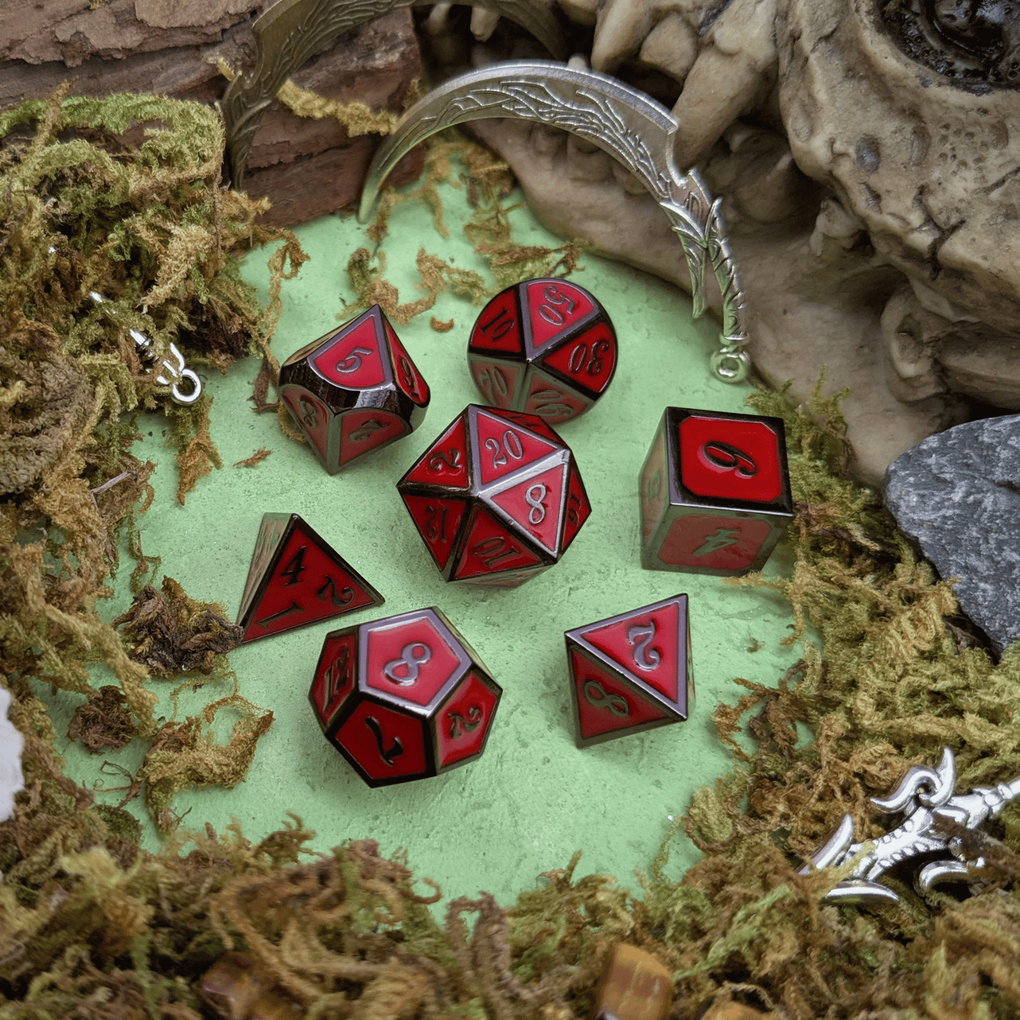 Red with Black outline Metal Dice Set