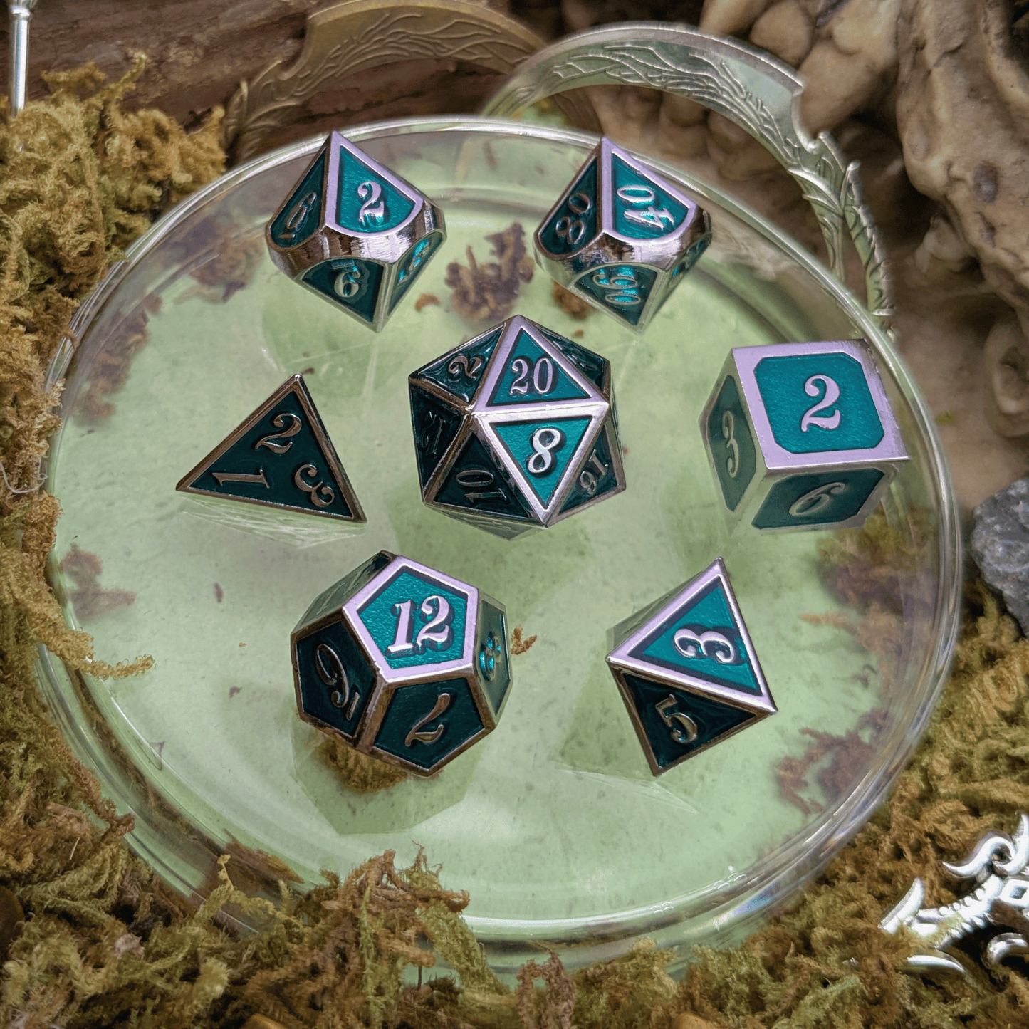 Simple Green and Silver Metal Core Dice Set