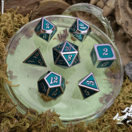 Simple Green and Silver Metal Core Dice Set
