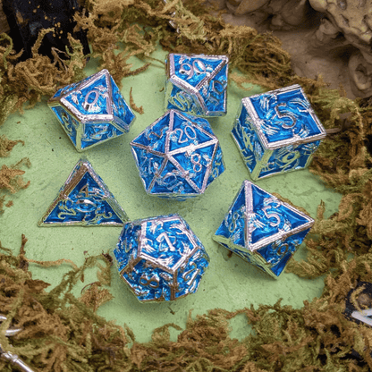 Skeleton Silver and Blue Metal Core Dice Set