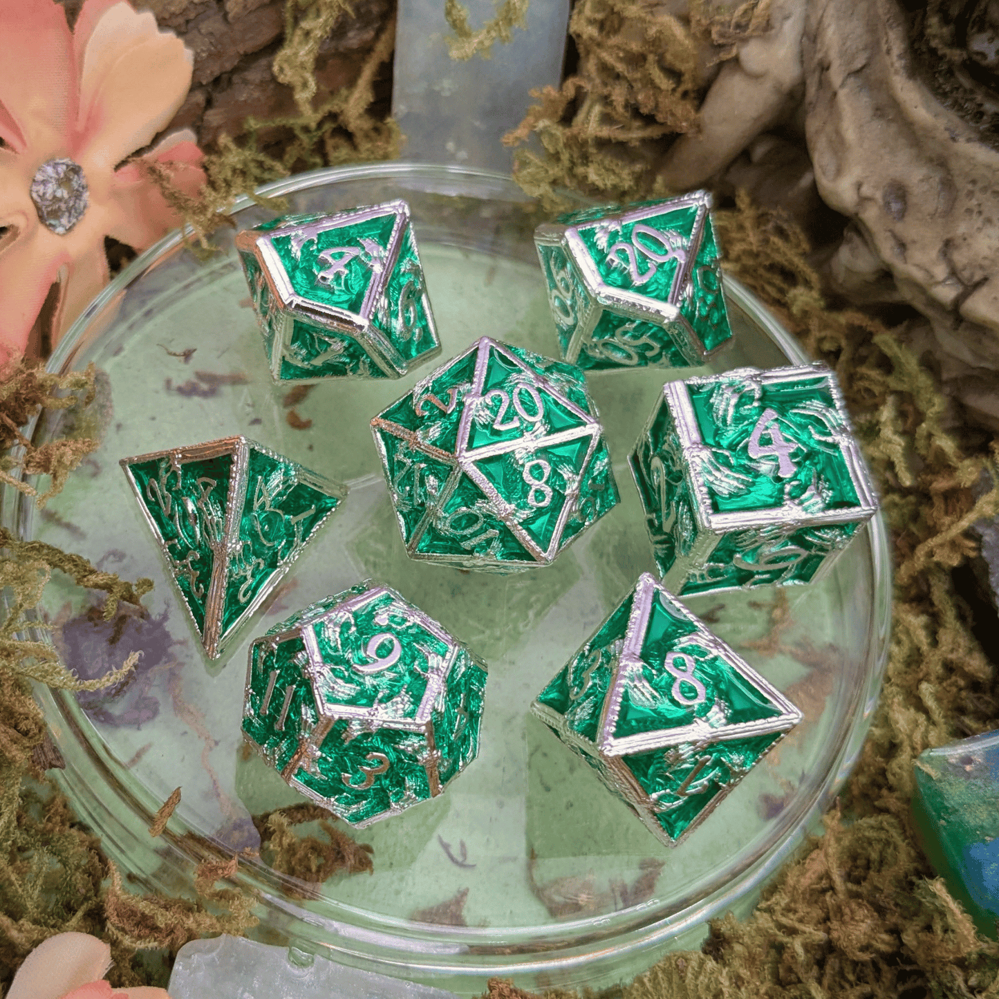 Skeleton Green and Silver Metal Core Dice Set