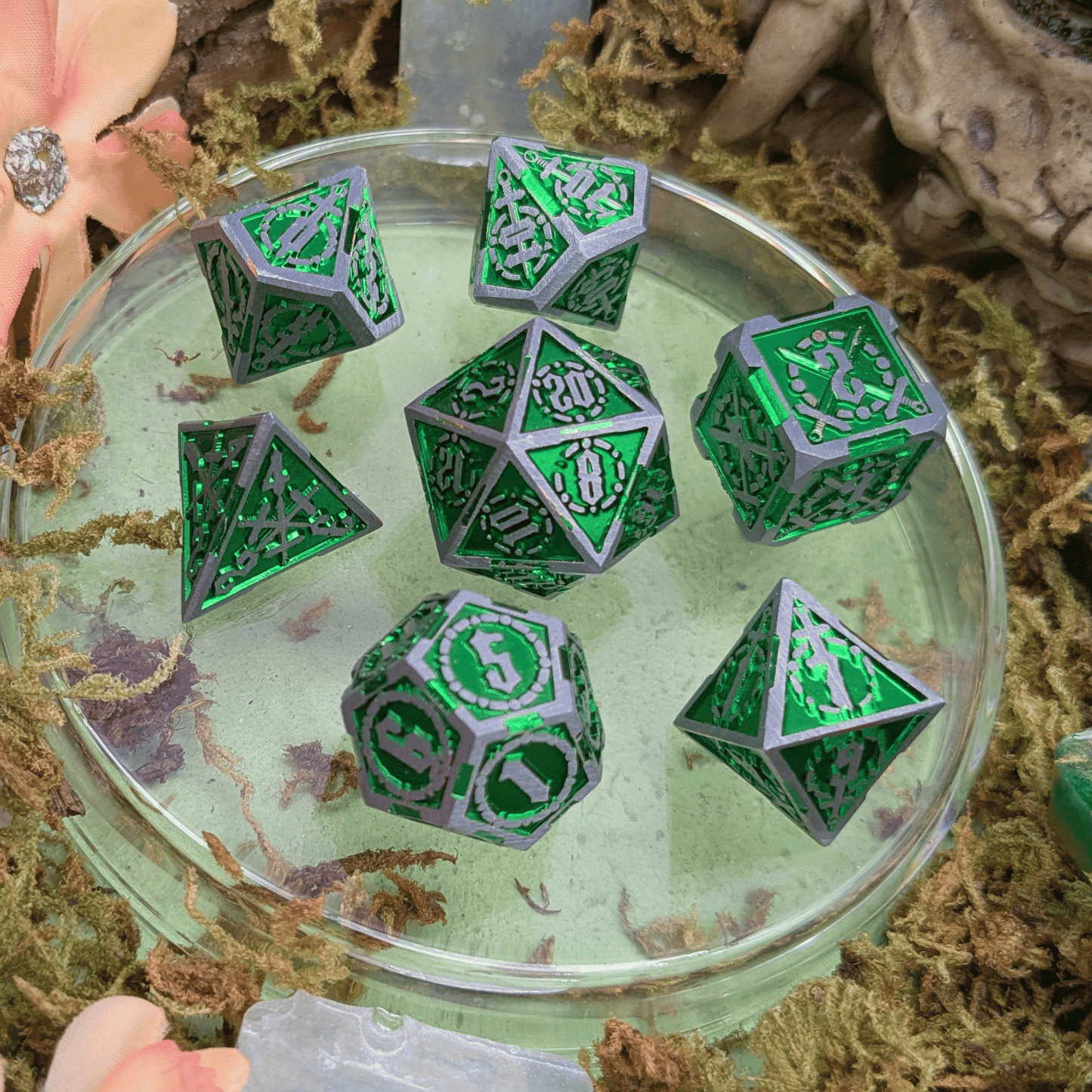 Swords Green and Silver Metal Core Dice Set