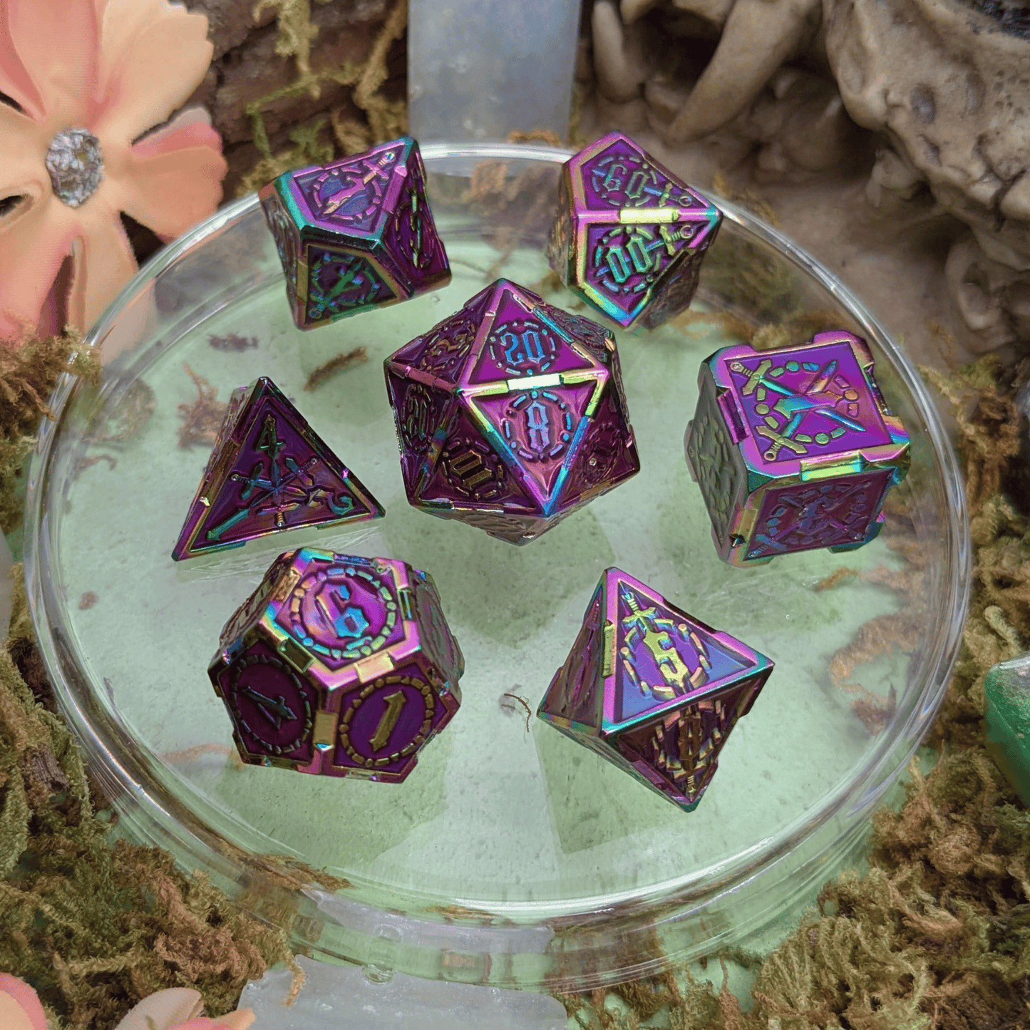 Swords Red and Rainbow Metal Core Dice Set